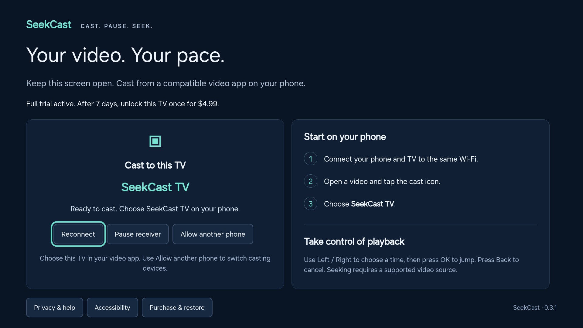 SeekCast 0.3.1 receiver screen showing the device name SeekCast TV and phone casting instructions